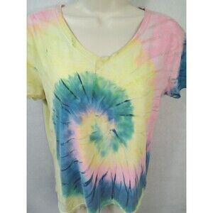 Tie dyed women’s medium tee shirt Pink Yellow Blue‎ Green V Neck